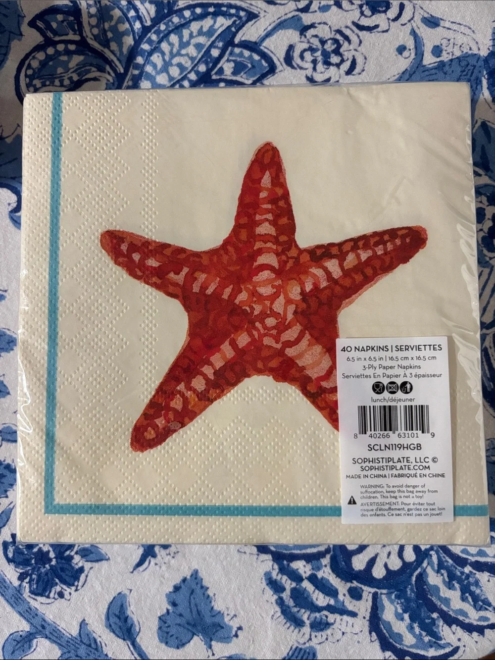 Sugarplum Parties Red Starfish Cocktail Napkins with Aqua Border